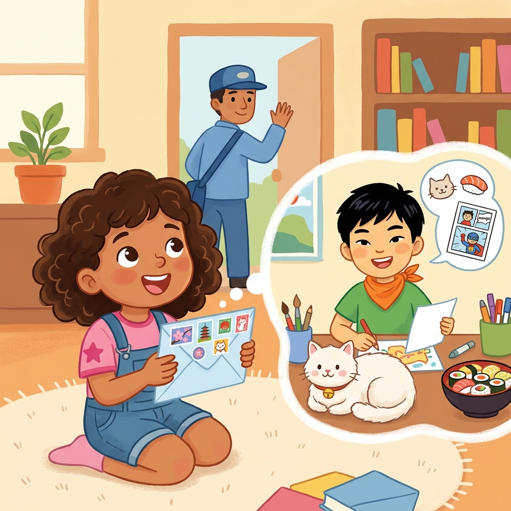 Illustration for The Pen Pal: Three weeks later, a letter arrived in a pale blue envelope covered in Japanese …