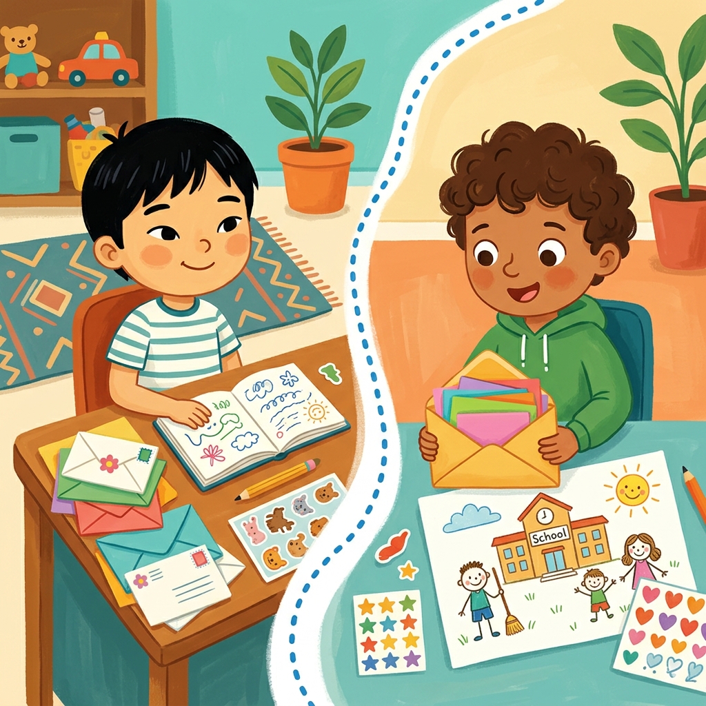 Illustration for The Pen Pal: Over the months, the letters grew longer and thicker. They traded drawings, stic…