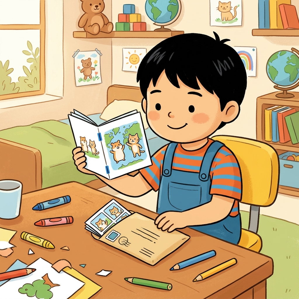 Illustration for The Pen Pal: For Hiro's birthday, Kai made a small comic book — eight pages, hand-drawn and s…