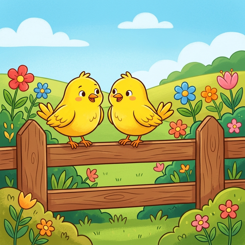 Illustration for Let's Count: Two yellow birds on the fence.
