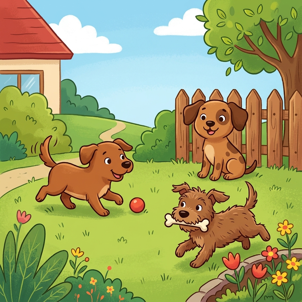 Illustration for Let's Count: Three brown dogs in the yard.