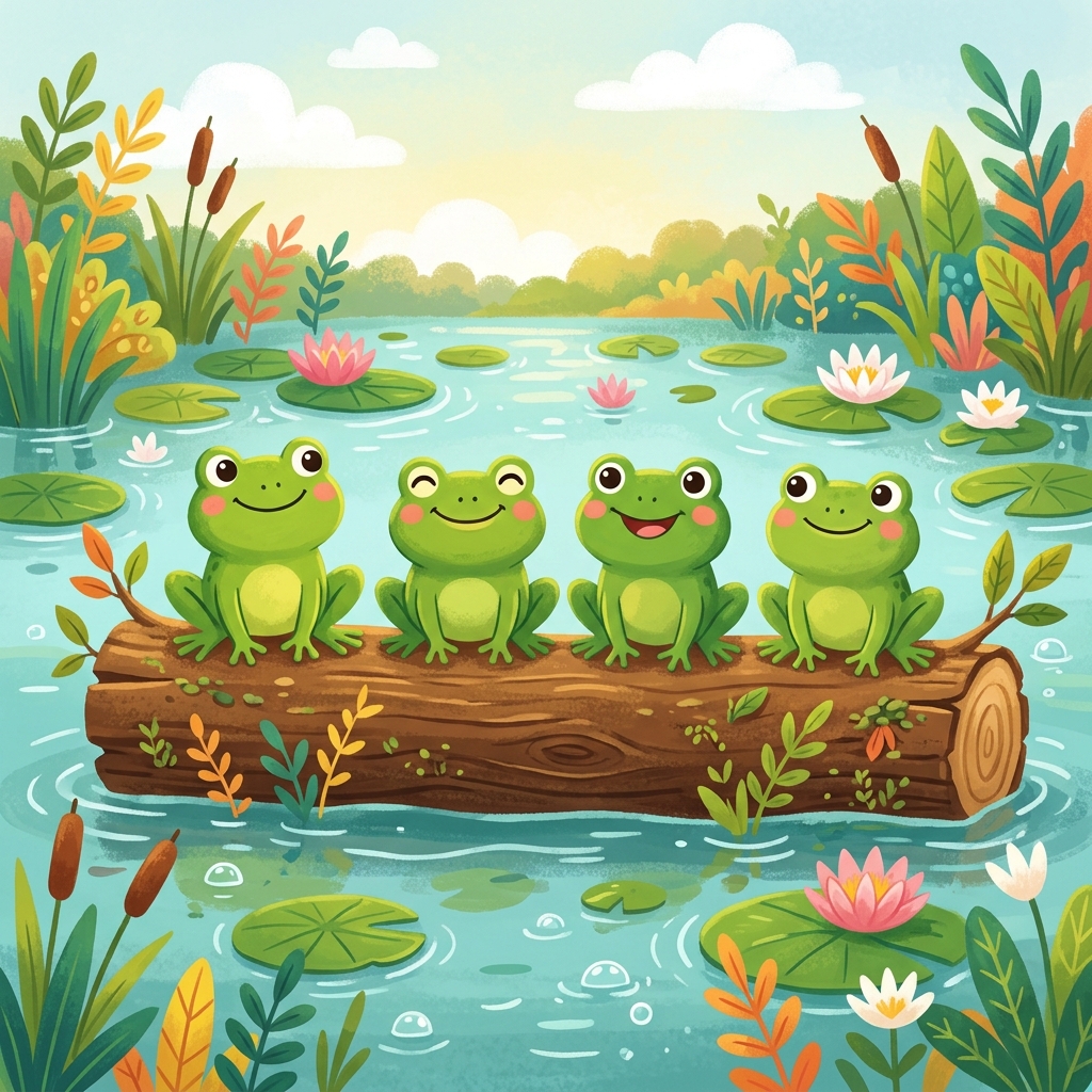 Illustration for Let's Count: Four green frogs on a log.