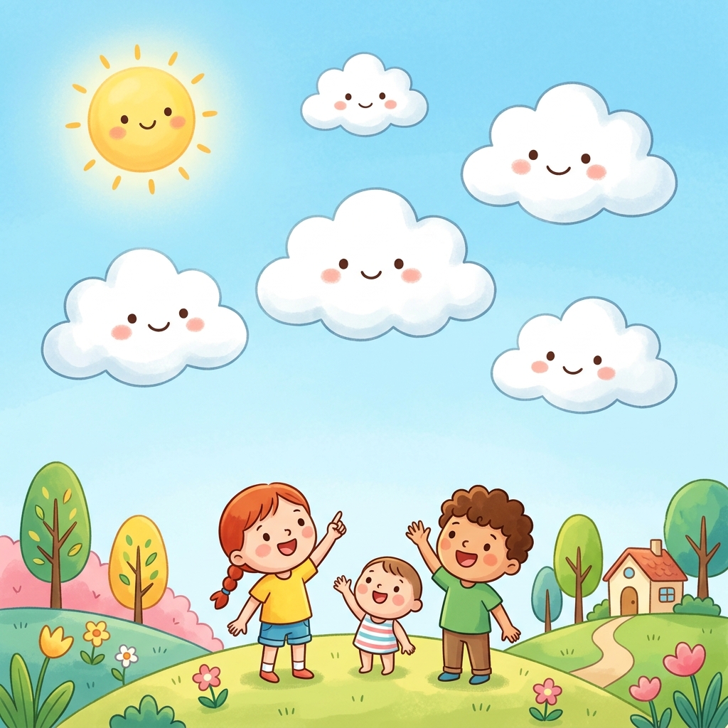 Illustration for Let's Count: Five white clouds in the sky.