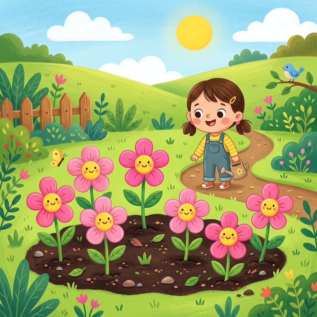 Illustration for Let's Count: Six pink flowers in the garden.