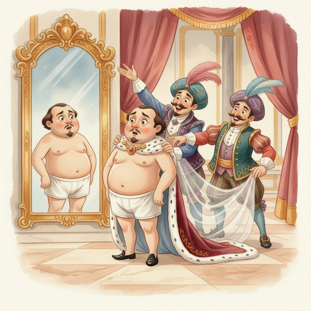 Illustration for The Emperor's New Clothes: As the Emperor paraded through the sun-drenched streets, accompanied by his loya…