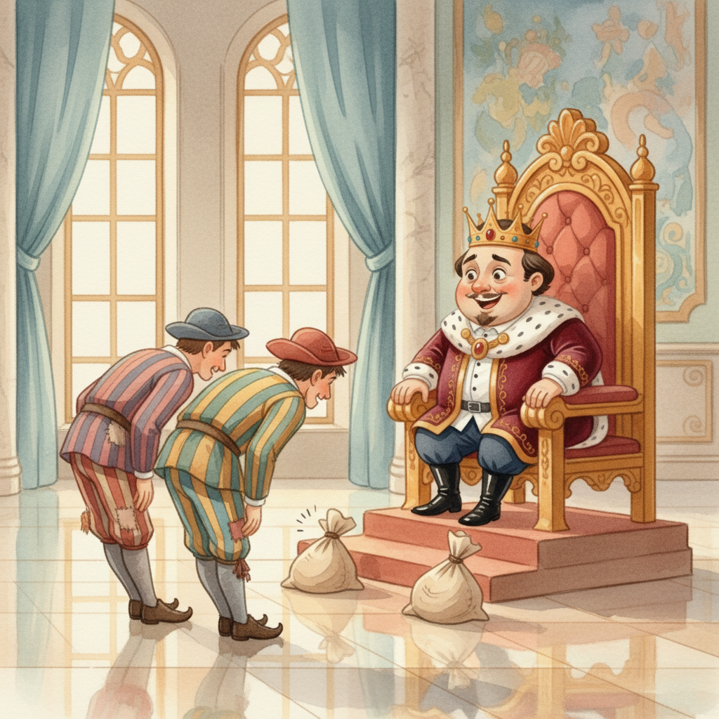 Illustration for The Emperor's New Clothes: Soon, the two swindlers, with their smooth words and even smoother smiles, were …