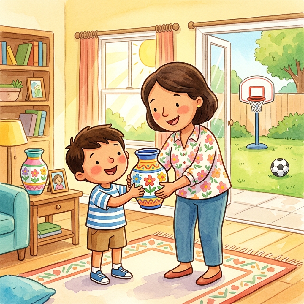 Illustration for The Broken Vase: Omar still felt bad, but he also felt lighter. He saved up his allowance and bou…