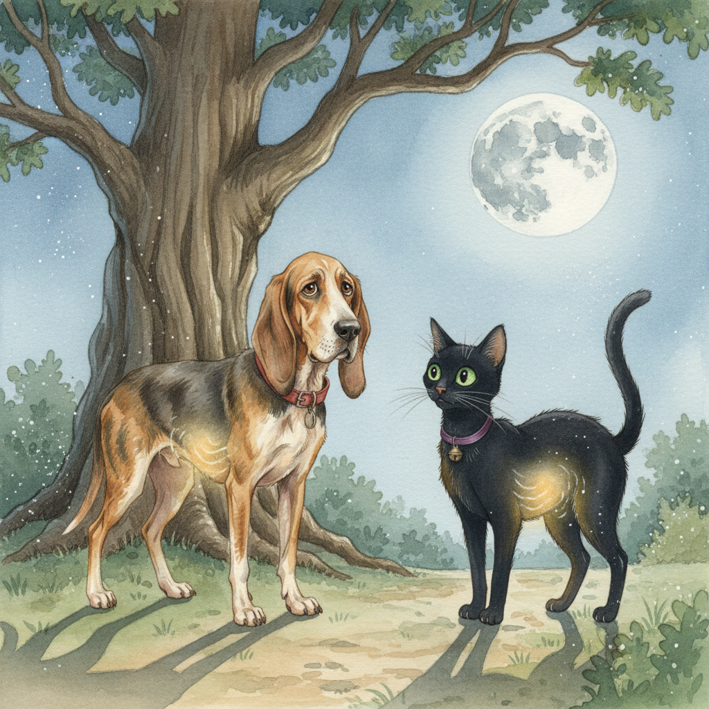 Illustration for The Bremen Town Musicians: As the deepest part of the night began to settle, a soft, sleepy quiet fell over…