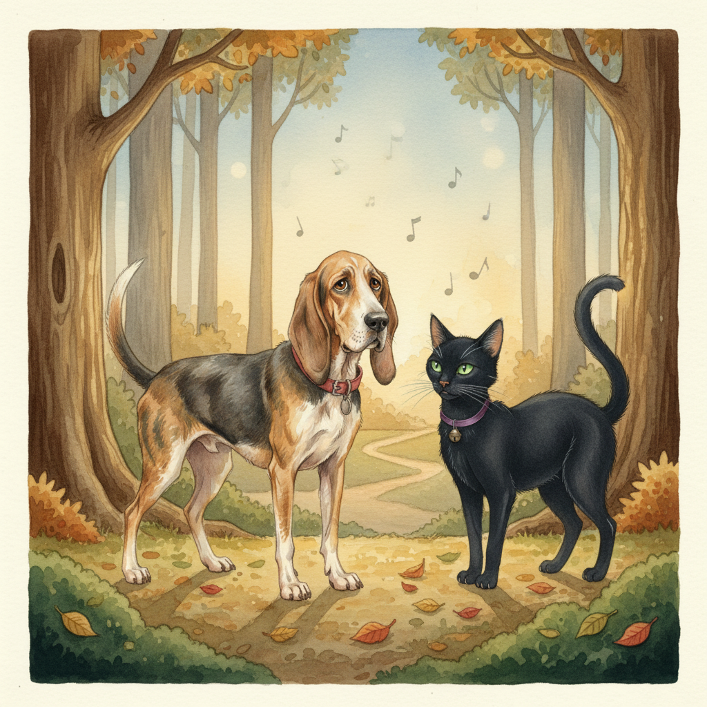 Illustration for The Bremen Town Musicians: As the last sounds of the fleeing robbers faded into the distant woods, the four…