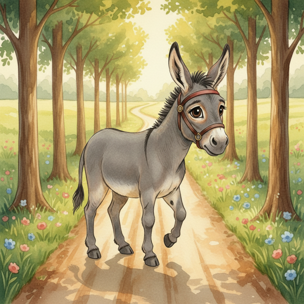 Illustration for The Bremen Town Musicians: The road stretched out before the donkey like a long, inviting ribbon, winding t…