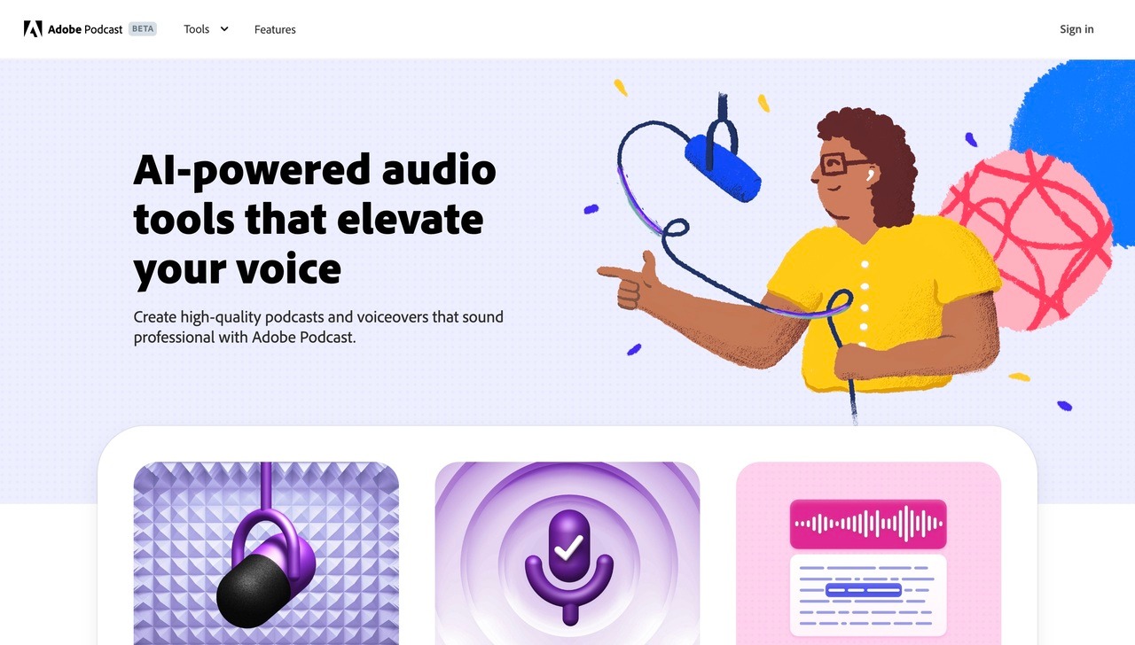 Landing page of Adobe Podcast