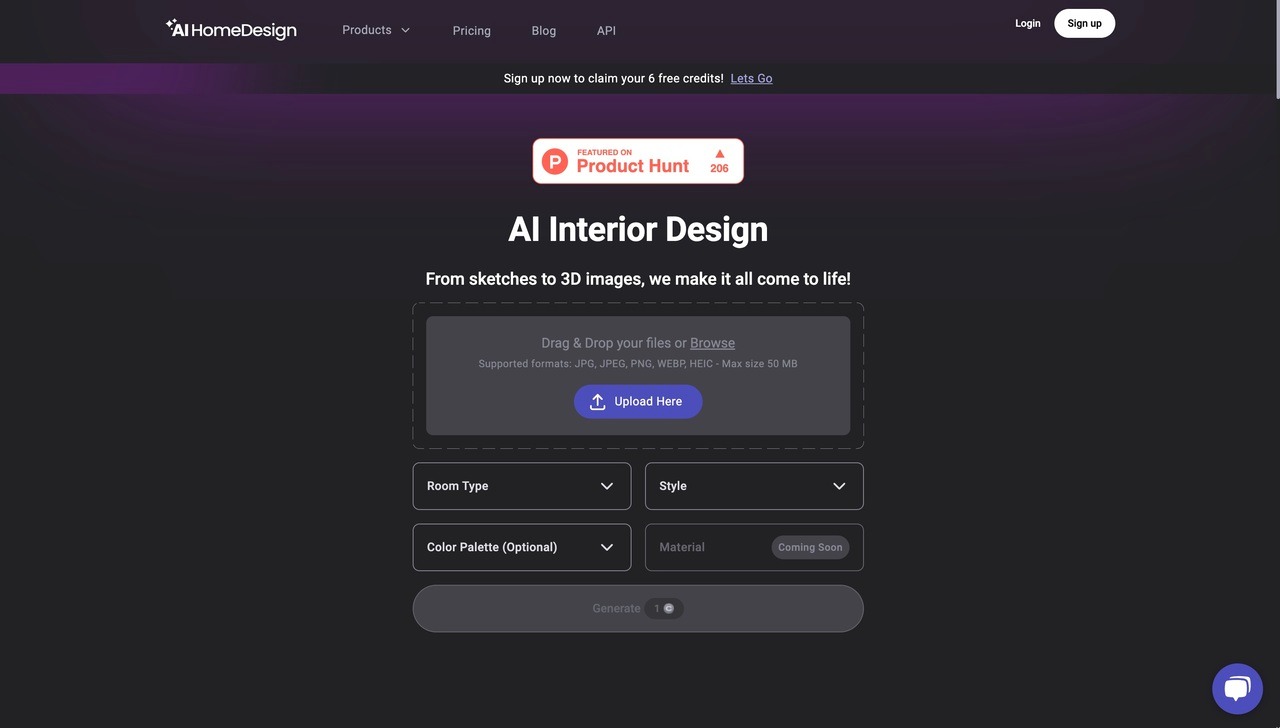 Landing page of AI HomeDesign