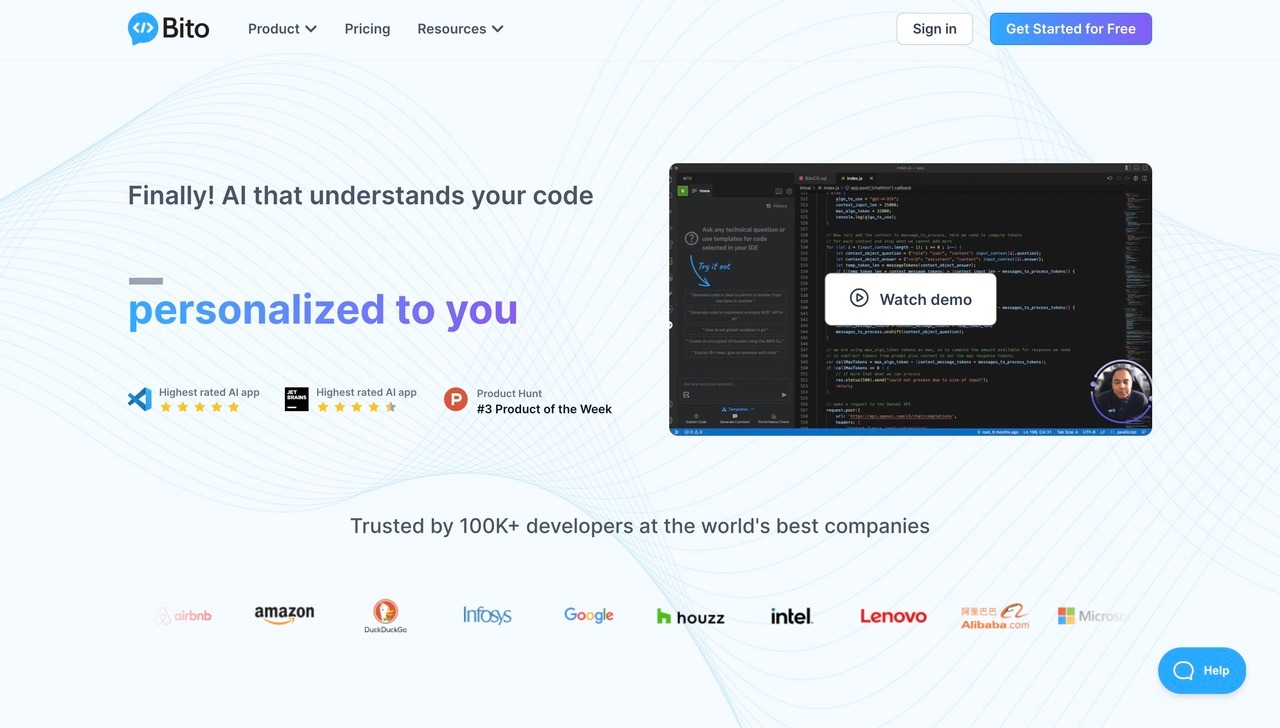 Landing page of Bito