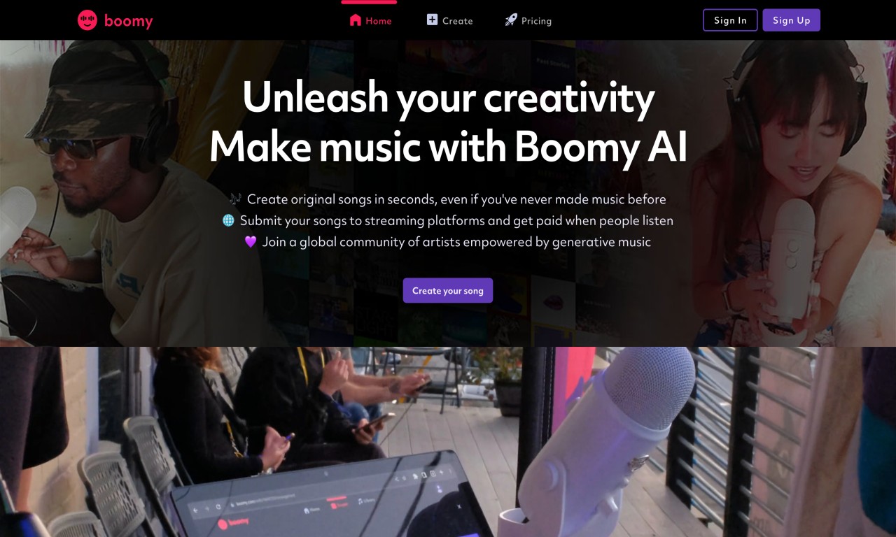 Landing page of Boomy