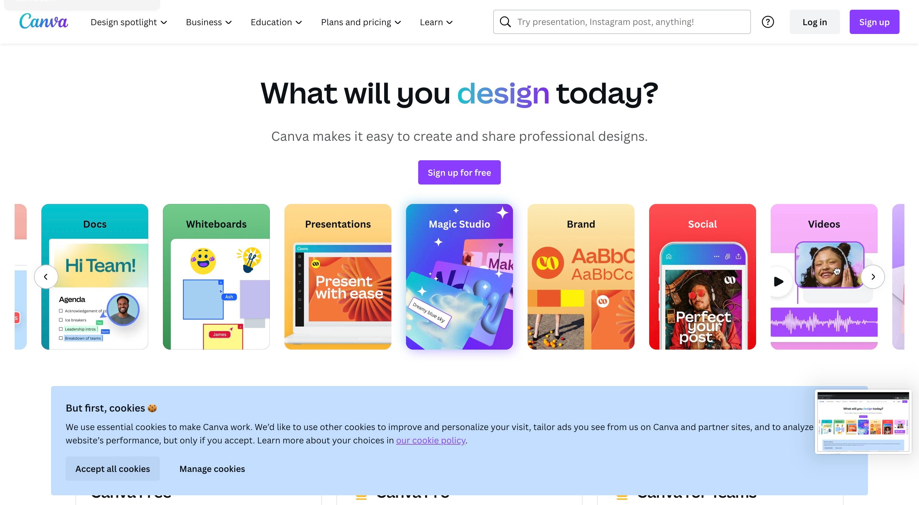 Landing page of Canva