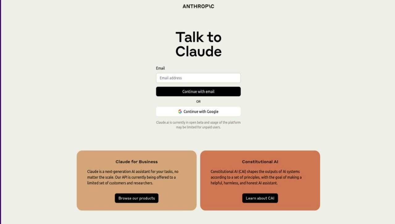 Landing page of Claude