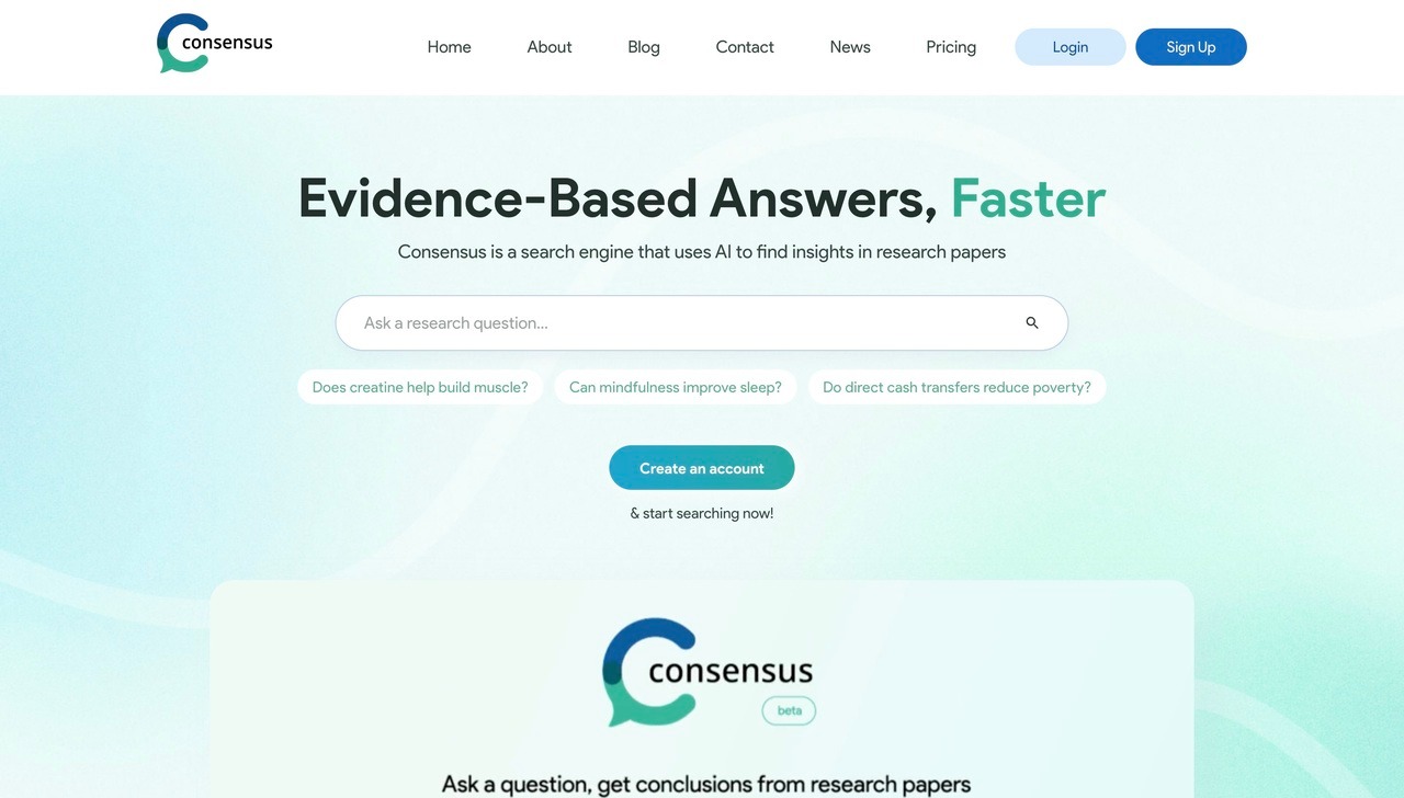 Landing page of Consensus