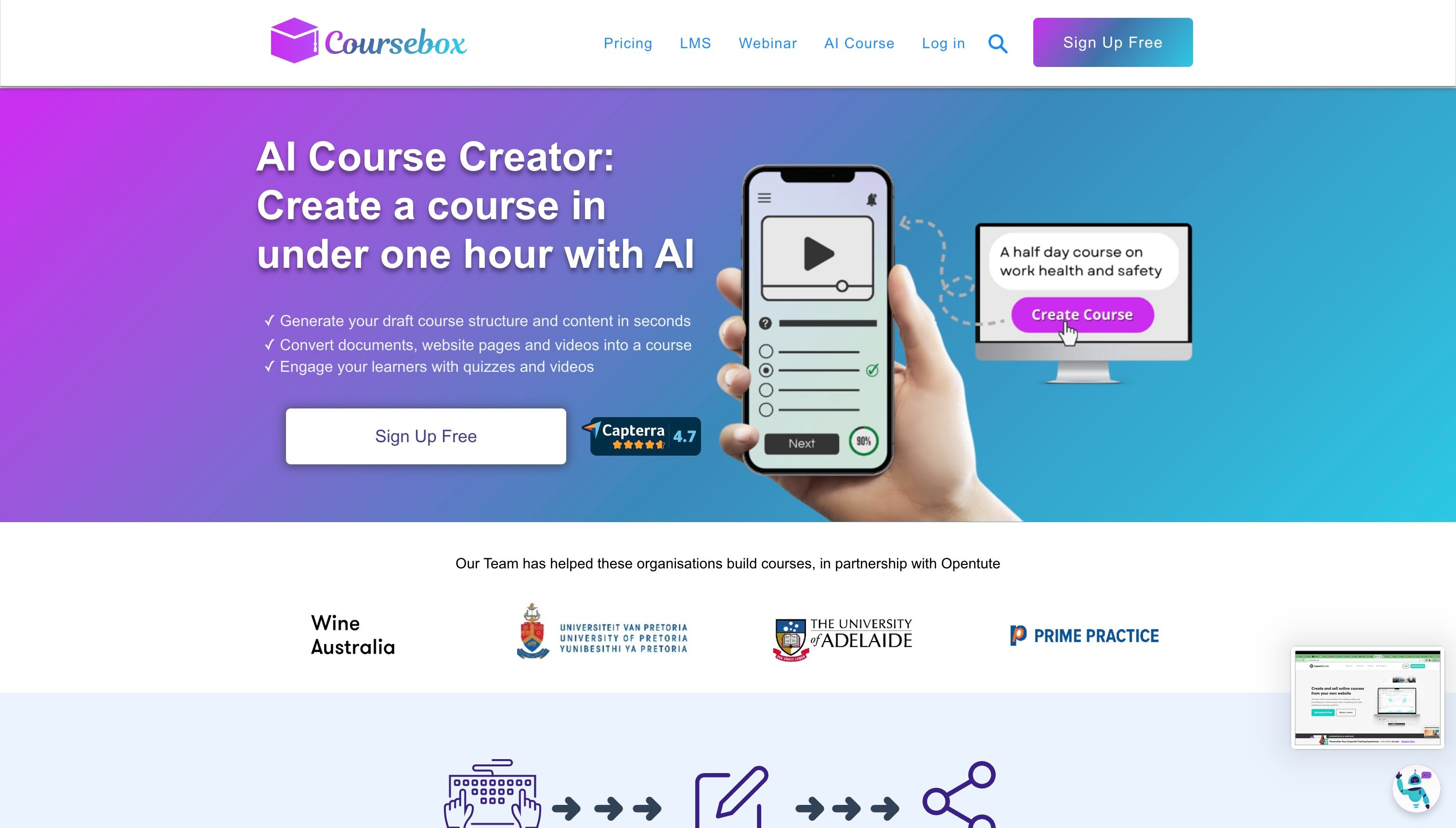 Landing page of Coursebox