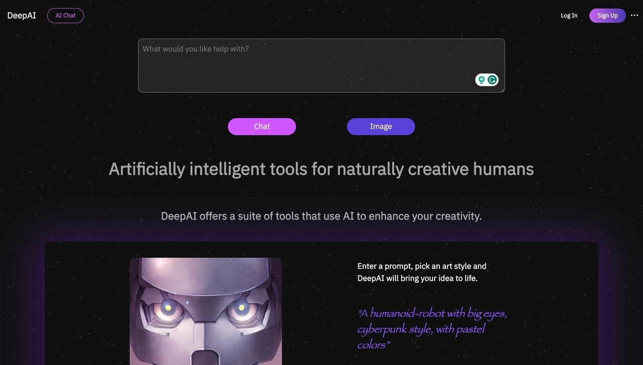 Landing page of DeepAI