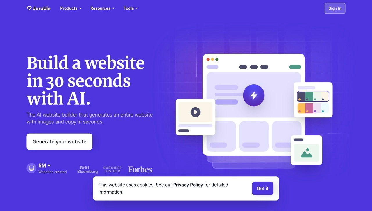 Landing page of Durable