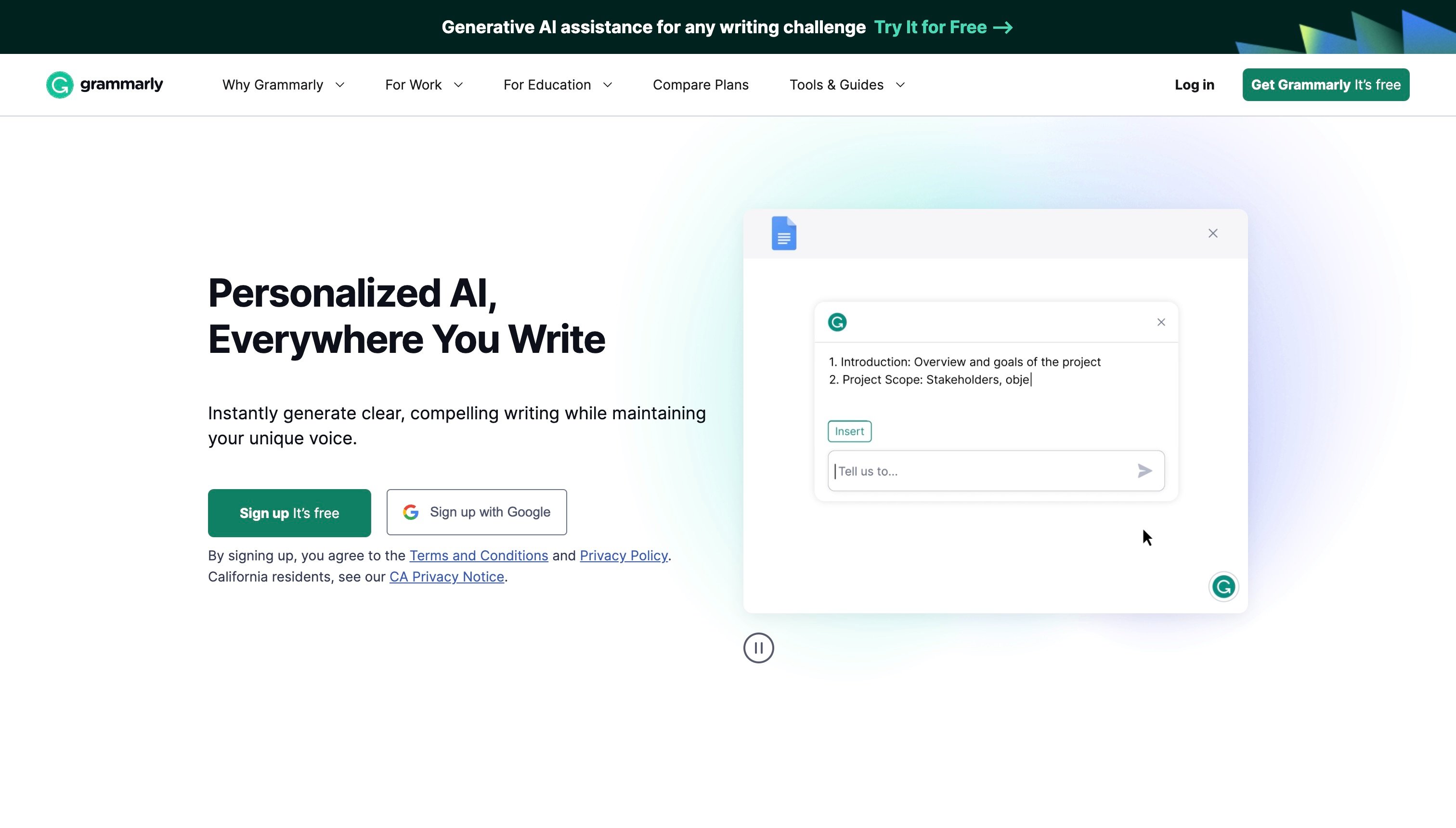 Landing page of Grammarly