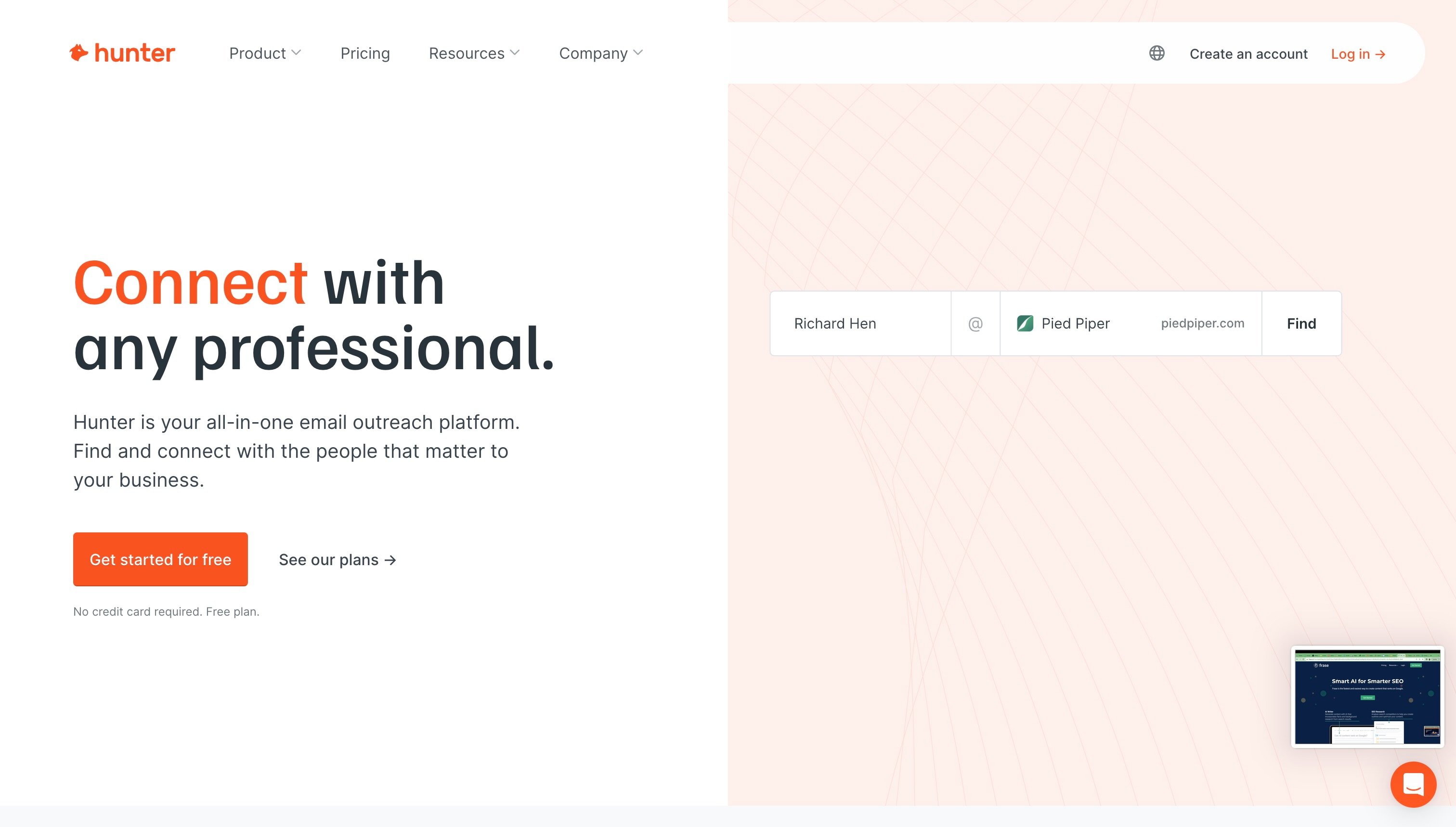 Landing page of Hunter