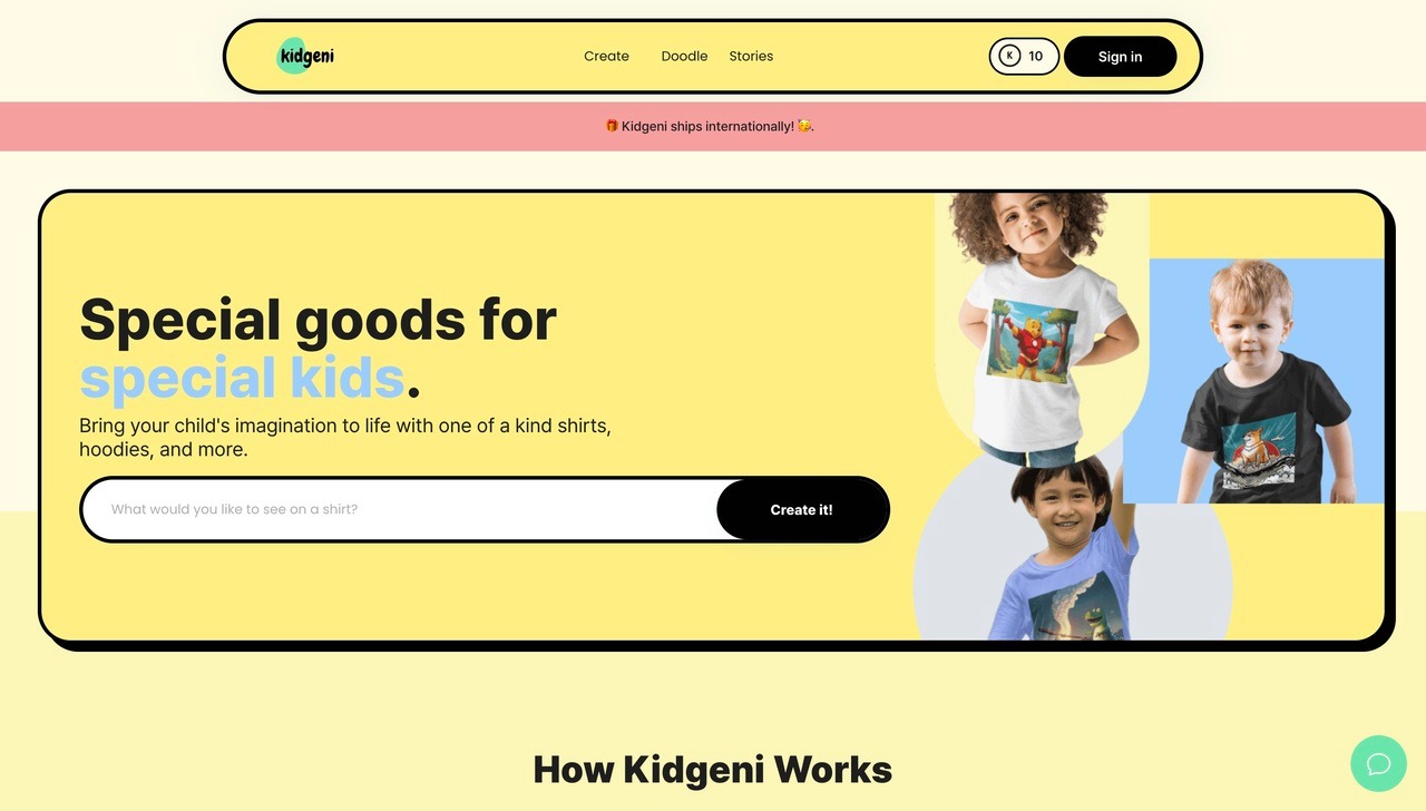 Landing page of Kidgeni