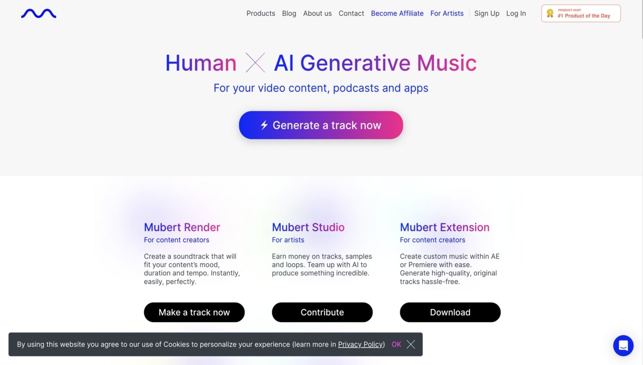 Landing page of Mubert