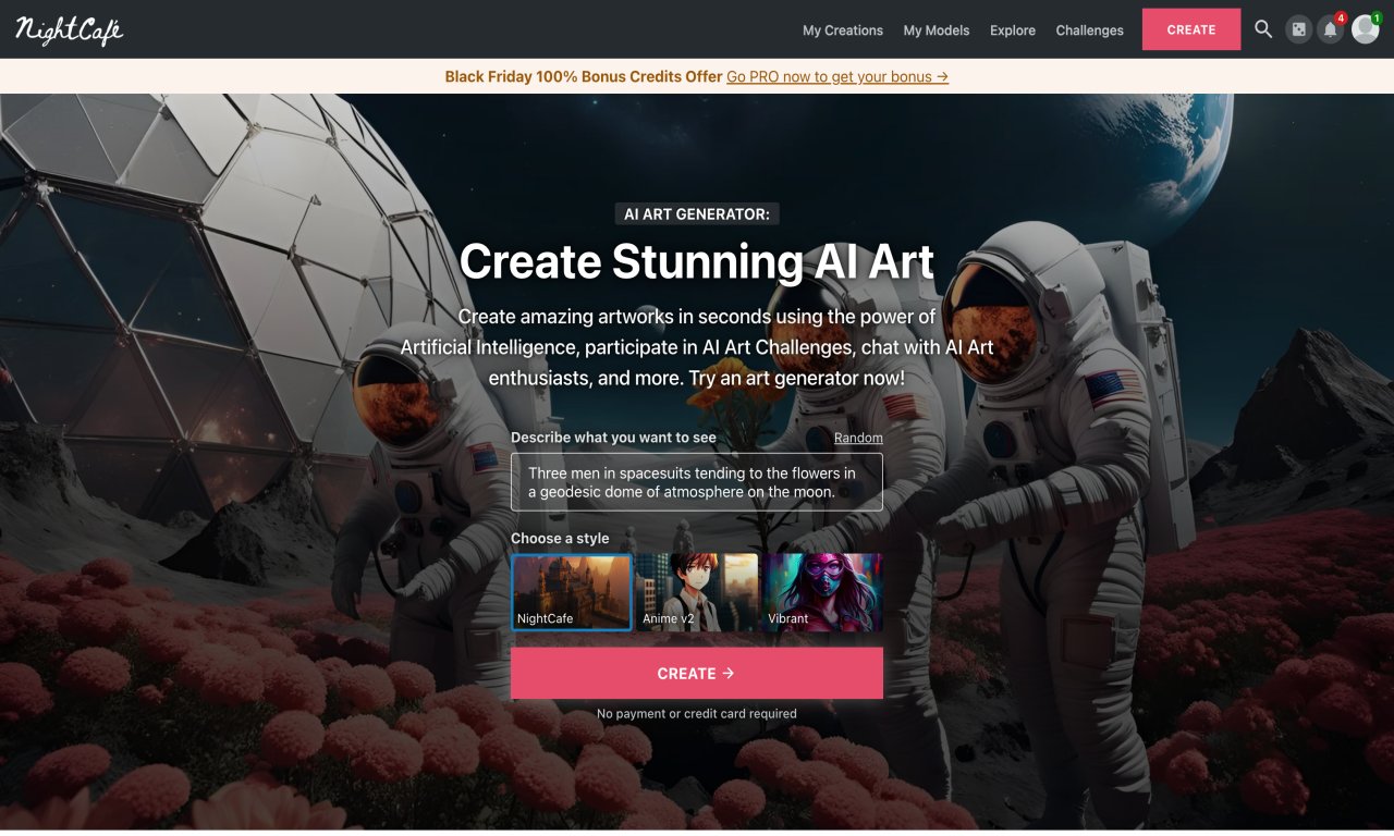 Landing page of Nightcafe studio