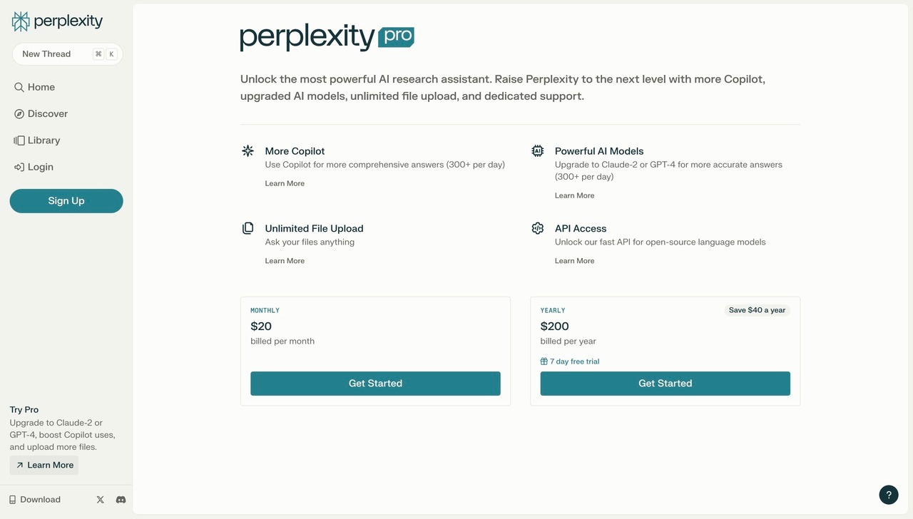 Landing page of Perplexity