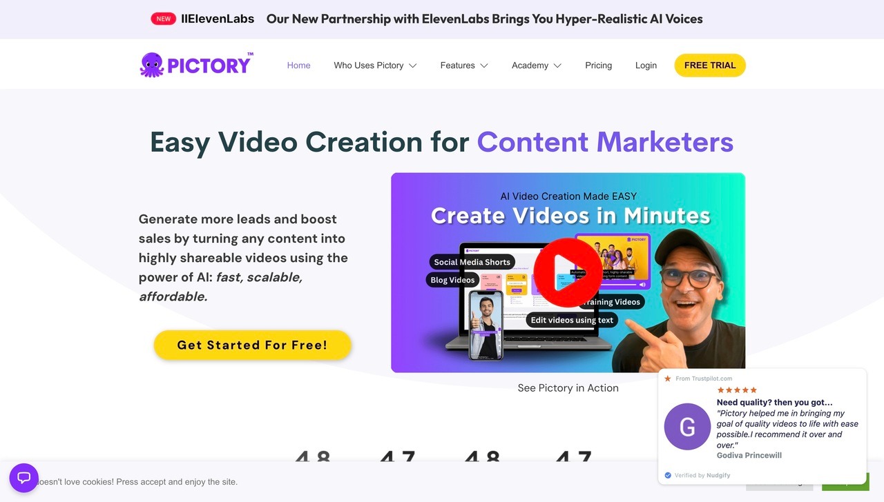 Landing page of Pictory