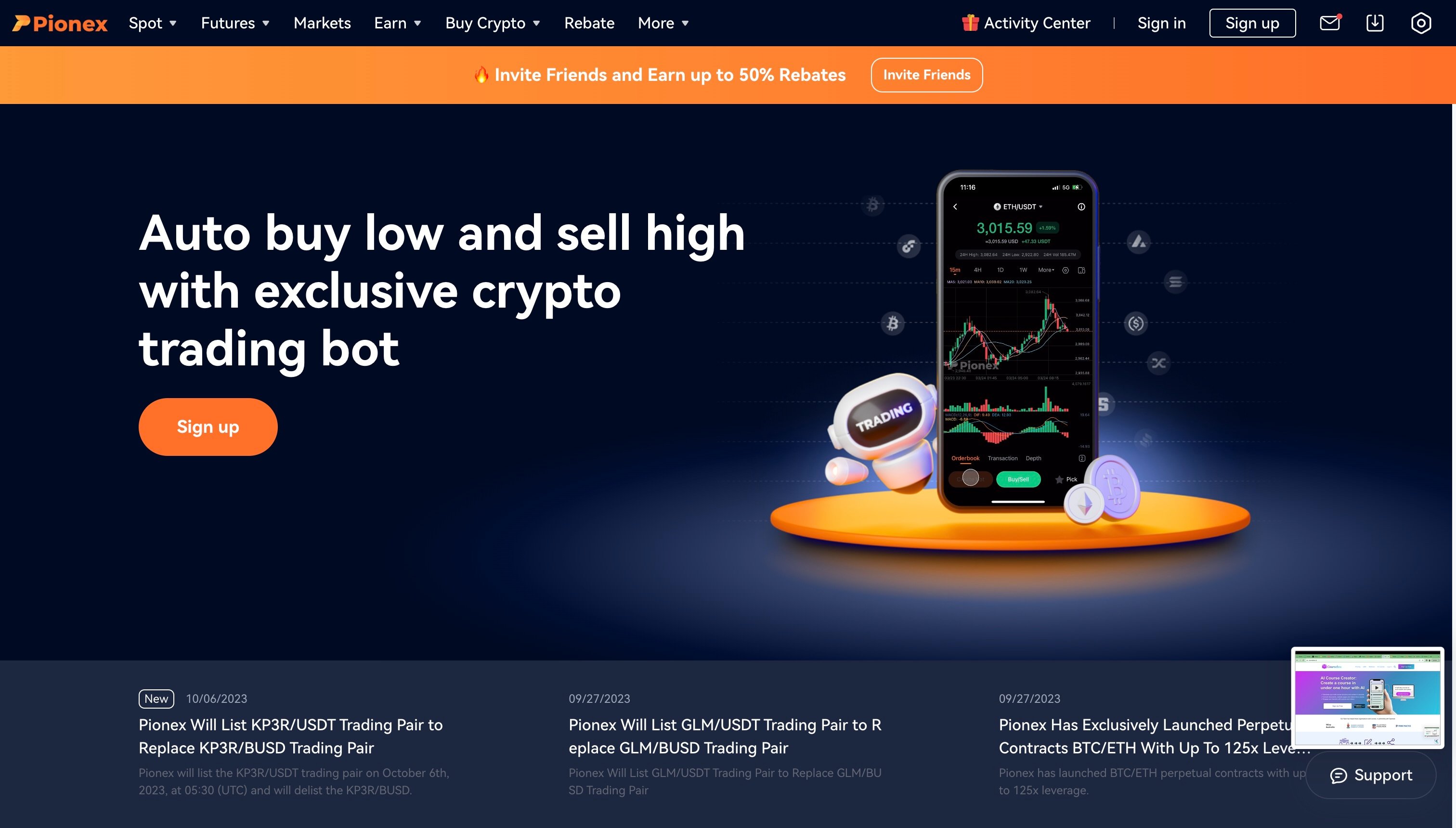 Landing page of Pionex