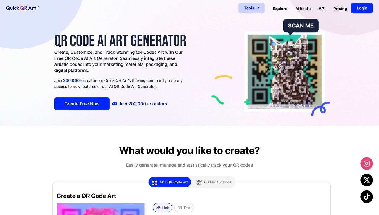 Landing page of QuickQR Art