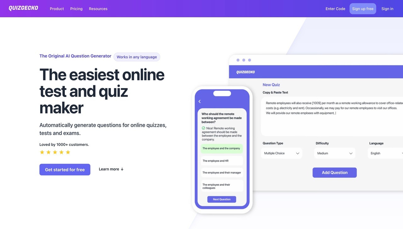 Landing page of Quizgecko