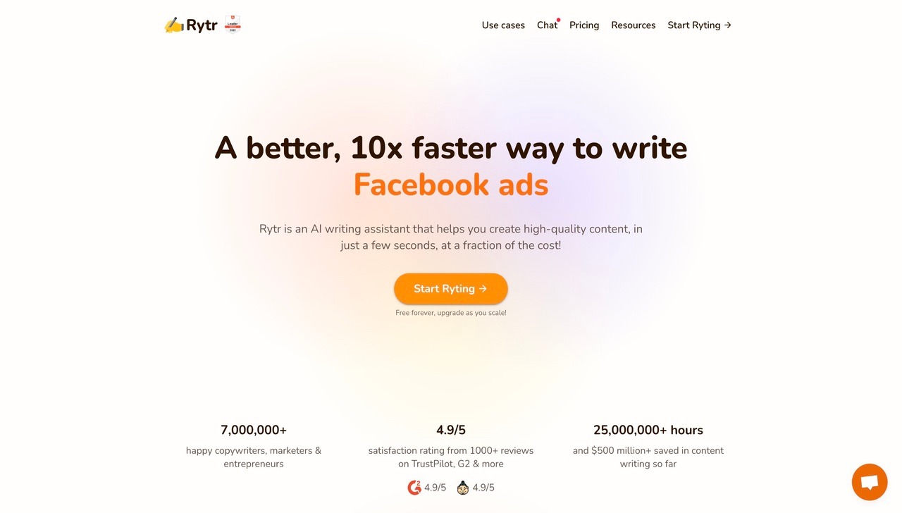 Landing page of Rytr