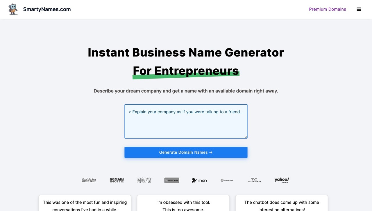 Landing page of Smartynames