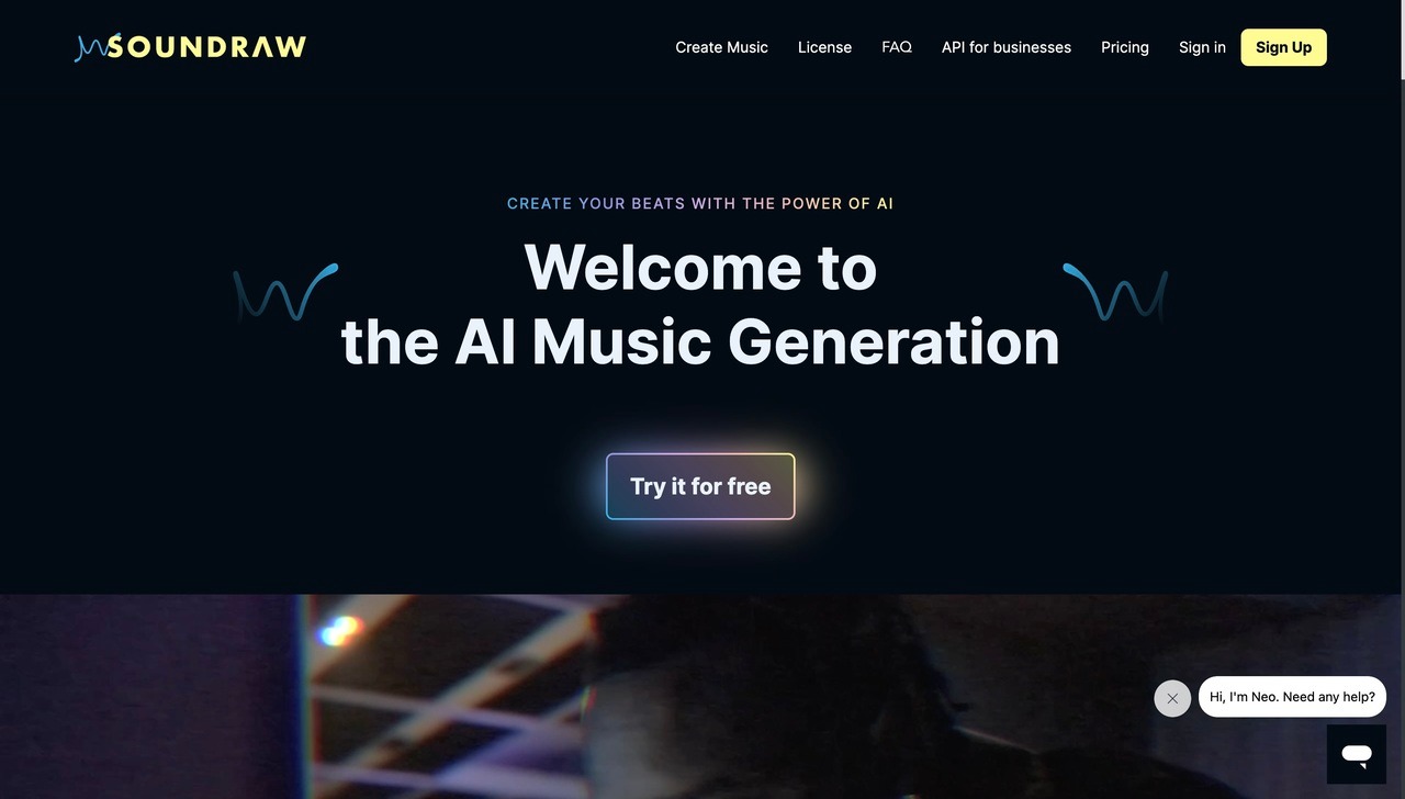 Landing page of Soundraw