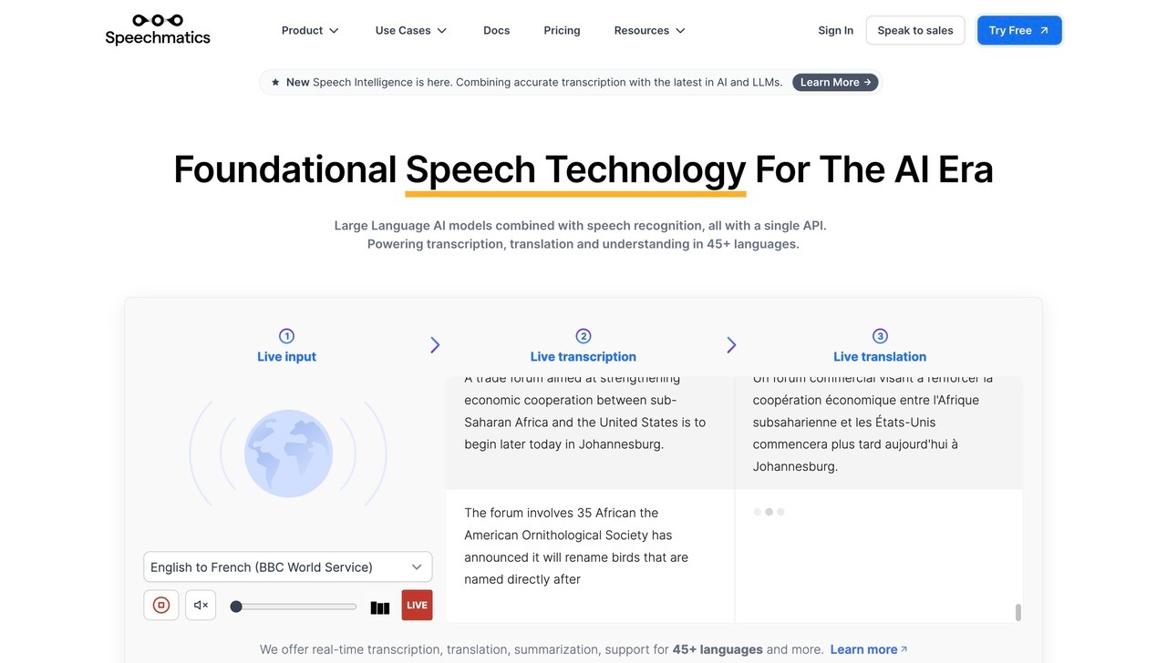 Landing page of Speechmatics