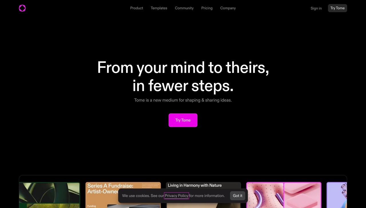 Landing page of Tome