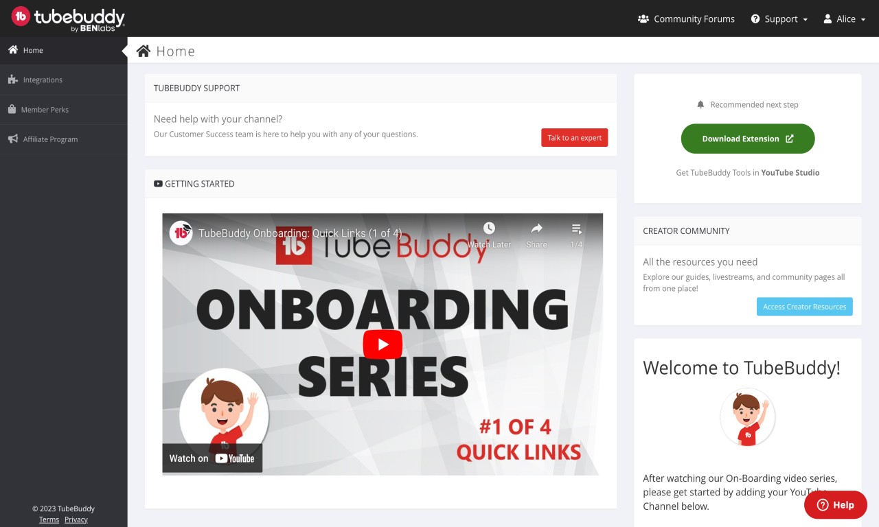 App page of TubeBuddy