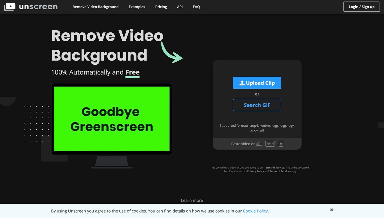 Landing page of Unscreen