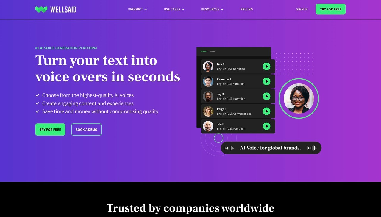 Landing page of WellSaid Labs