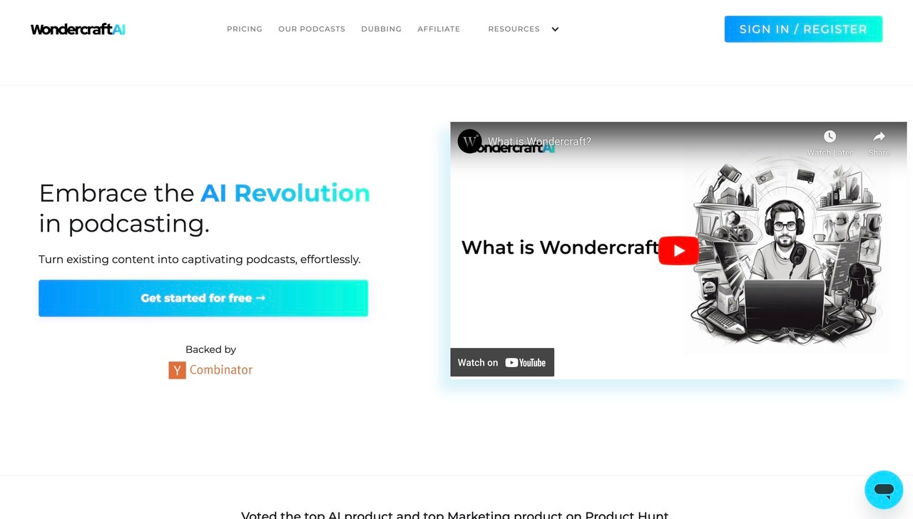 Landing page of Wondercraft