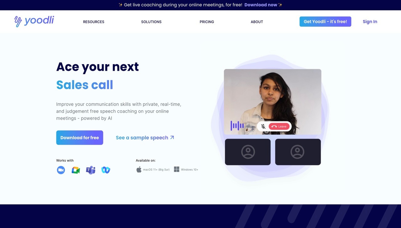 Landing page of Yoodli