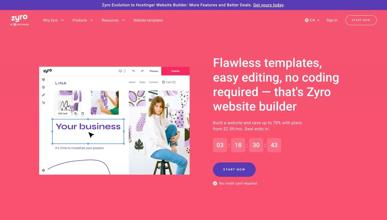 Landing page of Zyro