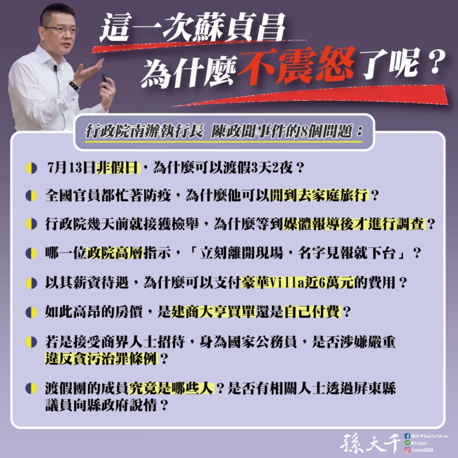 孫大千提出8個問題，希望政府能針對陳政聞事件給出一個真相。（圖／翻攝自臉書／孫大千Sun, Ta-Chien）