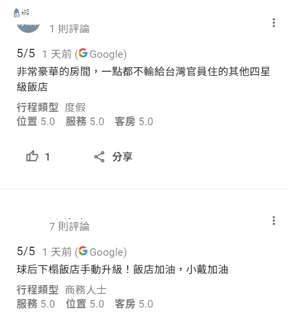 許多網友忙幫戴資穎住的飯店升級，但卻也令人直疑是否網軍又出動了？(圖／翻攝Google評價)