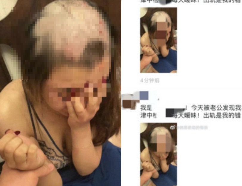 人妻因為被懷疑出軌,就被老公剃光頭。(圖/翻攝微博)