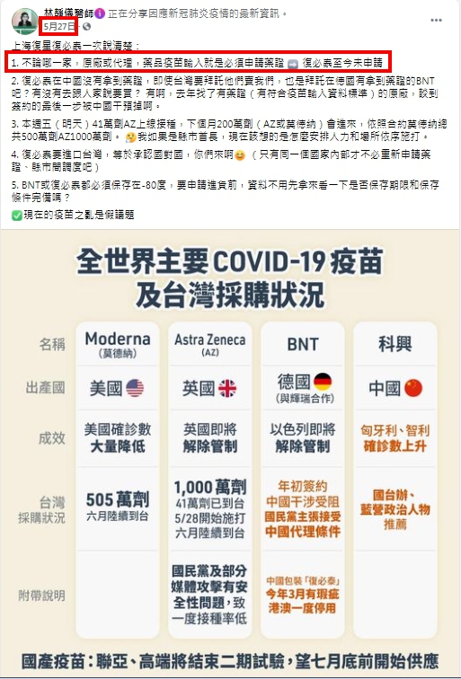 林靜儀在5月份時，曾在臉書質疑復必泰。（圖／翻攝自林靜儀醫師臉書）