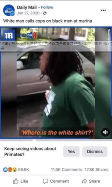 臉書的AI功能偵測到國外一名黑人男子,並指稱其為「靈長類動物」。(圖/翻攝自Daily Mail臉書)